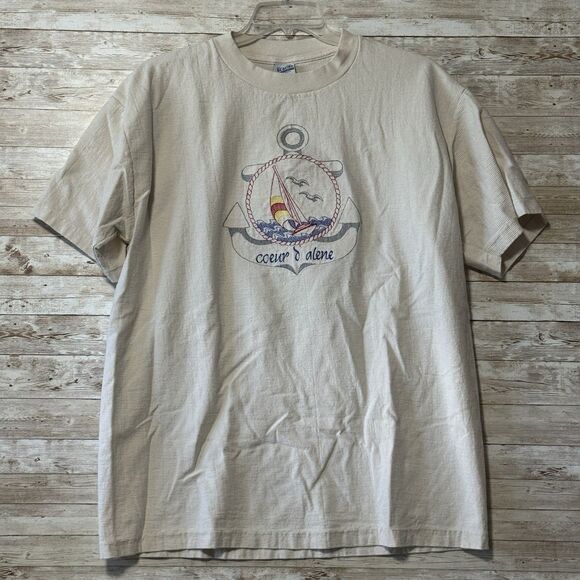 Vintage Coeur d’Alene T Shirt Embroidered Anchor and Sailboat XL Single Stitch - Picture 1 of 9